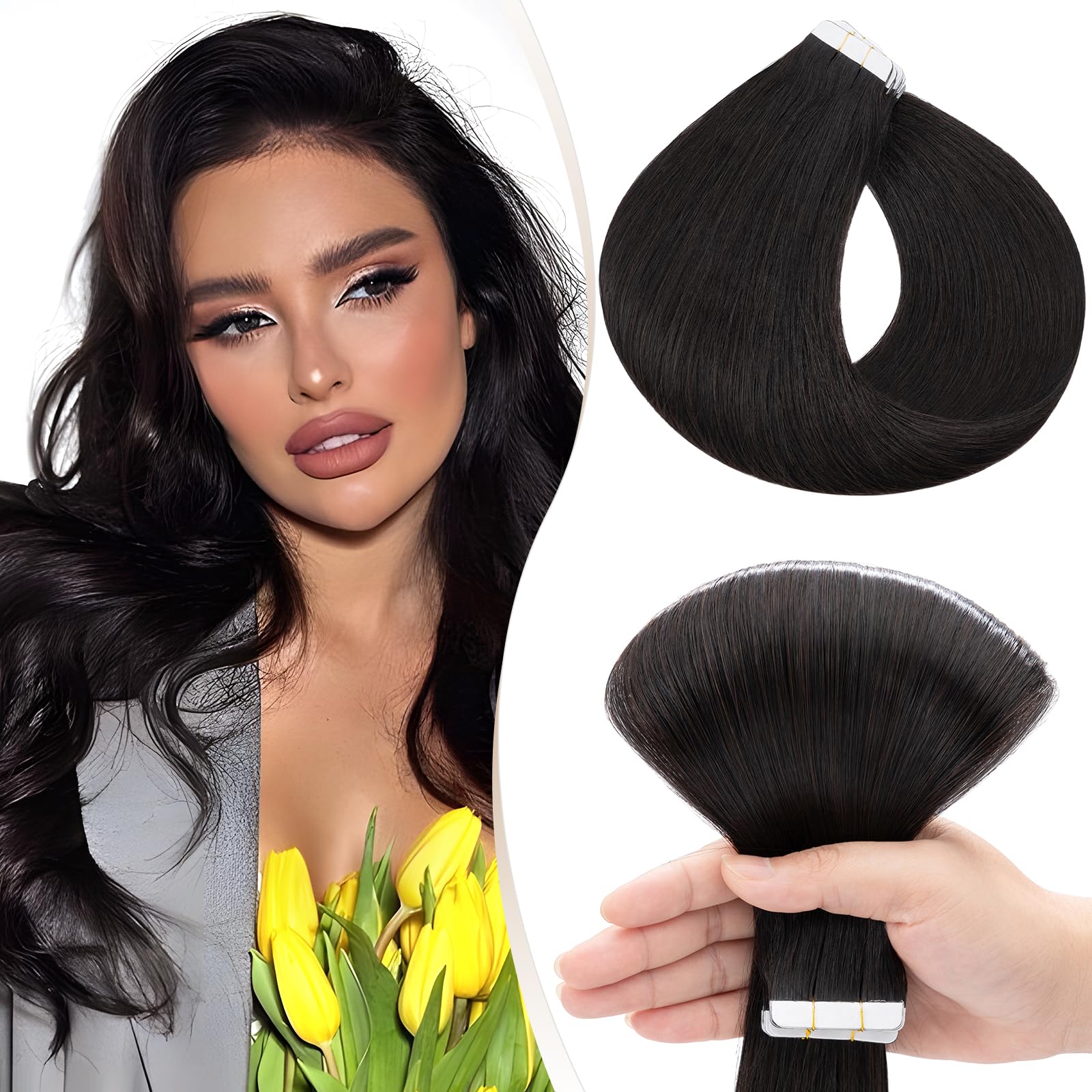 Elailite Tape in Hair Extensions Human Hair Real Human Hair 10 Pcs Invisible Thin Type - Seamless Skin Weft Remy Hair Extension (#1B Natural Black, 14 Inch-10g) โ image 1