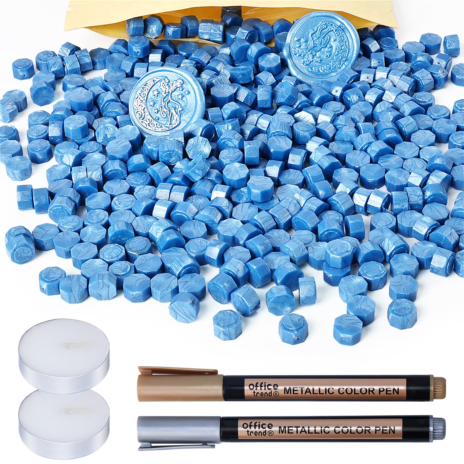 WEWINK PLUS 304PCS Wax Seal Beads Set, 300PCS Blue Sealing Wax Beads with 2Pcs Tea Candles and 2Pcs Metallic Pen for Invitations, Envelope, Crafts, Stamp Seals, Decoration, Letter, Gift