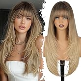 XIXIBI Blonde Wig with Bangs, 4x4 Realistic Scalp, Free Parting, Long Ombre Blonde Layered Wigs for Women, Realistic Natural Looking Heat Resistant Synthetic Wigs for Daily Party Cosplay Use 26Inch