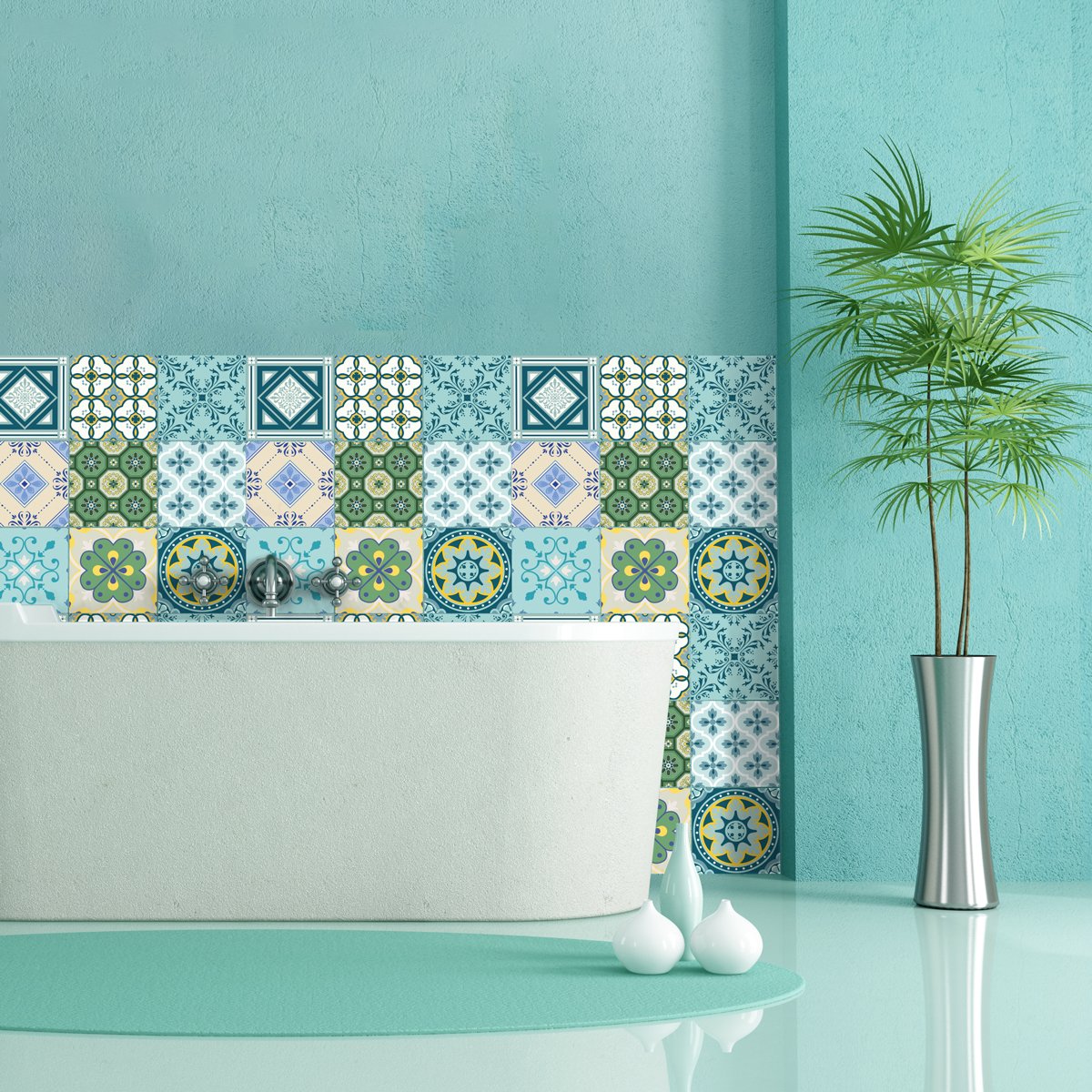 Ambiance Sticker Self-Adhesive Decorative Wall Decal Cement Tile for Bathroom and Kitchen Azuréen - Pack of 9 Stickers of 15 x 15 cm