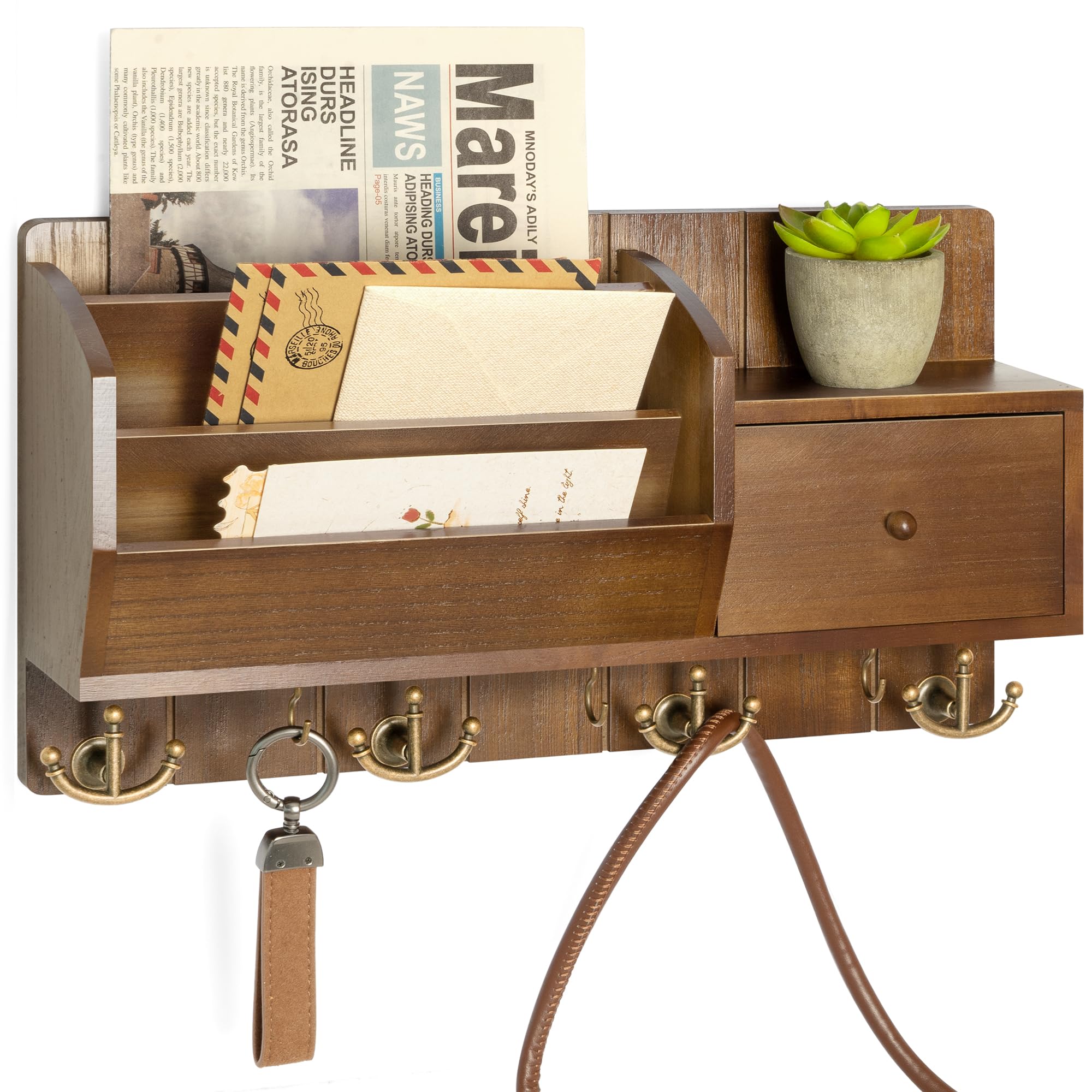 Photo 1 of Key Holder Wall Mount with Mail Sorter - Modern Farmhouse Key and Mail Organizer with Hooks and Mini Drawer for Home Decor - Rustic Apartment Essentials for Home Improvement (Brown & Golden Hooks)