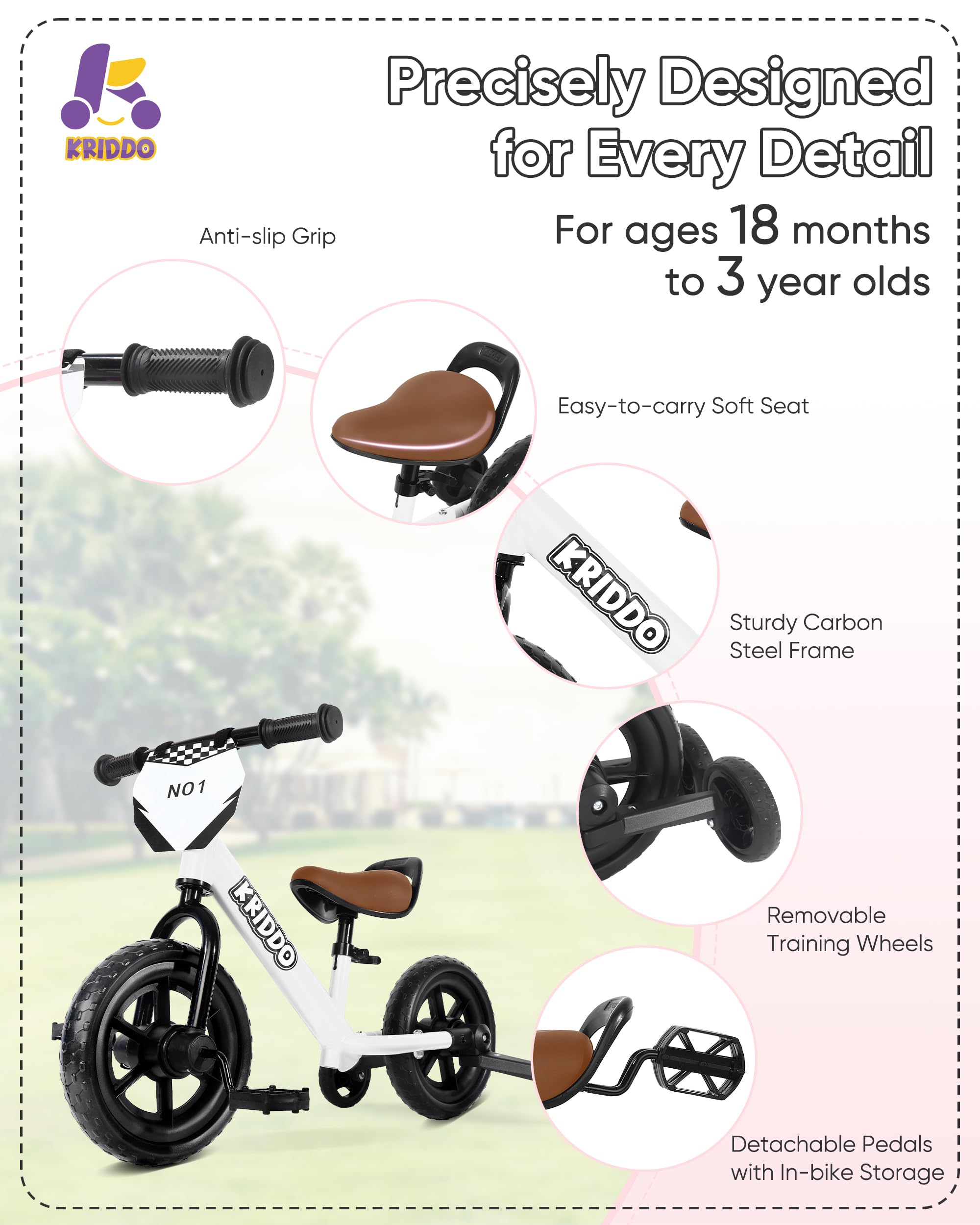 KRIDDO 2-in-1 Kids Tricycle and Toddler Balance Bike 2 Year Old, Detachable Pedals and Stowable Training Wheels, DIY Plate, Riding Trikes Toy for Ages 18 Months to 3 Years, White