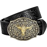 TRIWORKS Mens Western Cowboy Belt - Cowgirl Western Country Belt with Floral Engraved Buckle