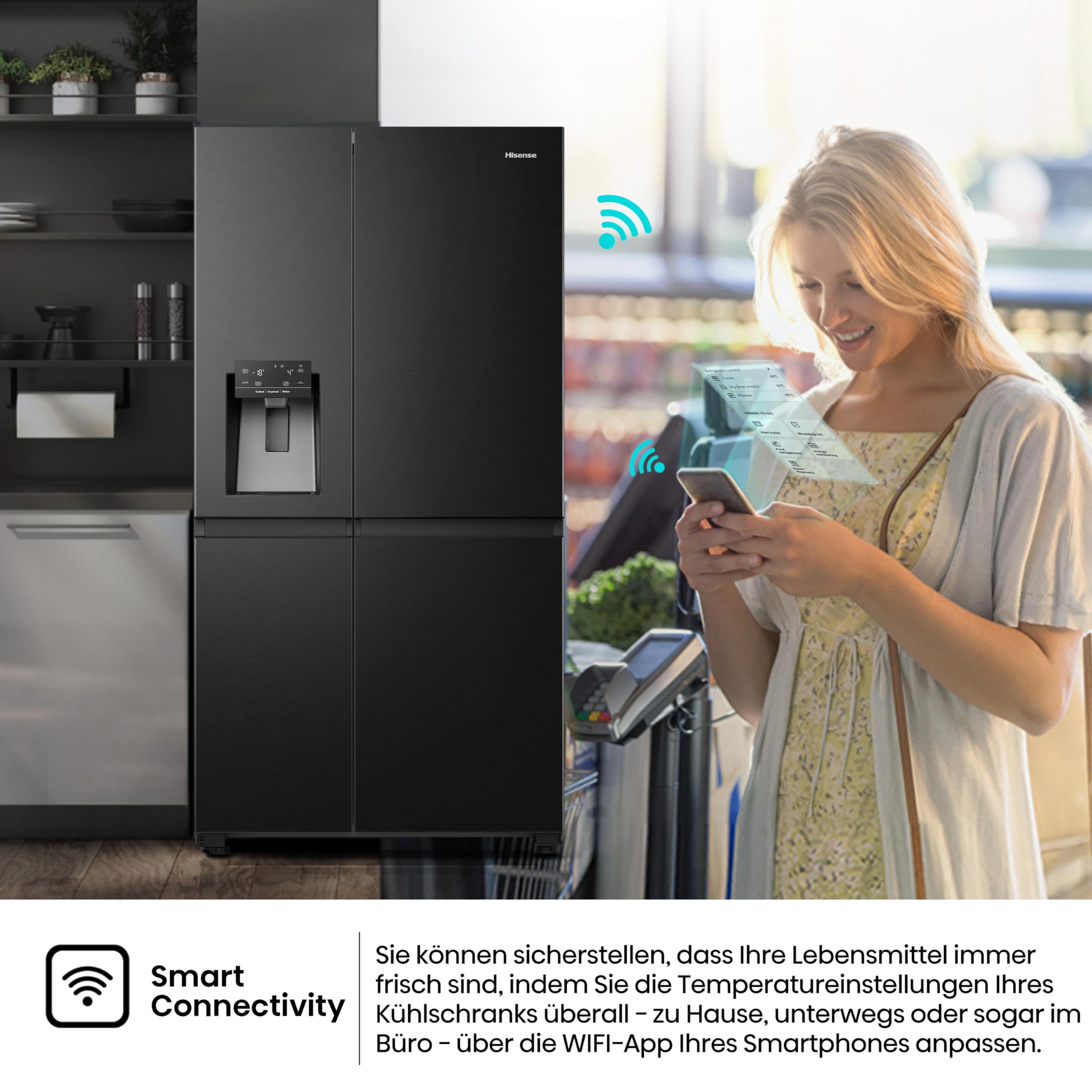 Hisense RS818N4TFC Side by Side – Kühl-Gefrierkombination, EEK C, Eis-Wasserspender, LED Display, Total No Frost, Multi Air Flow, Fast Freeze, schwarz 7