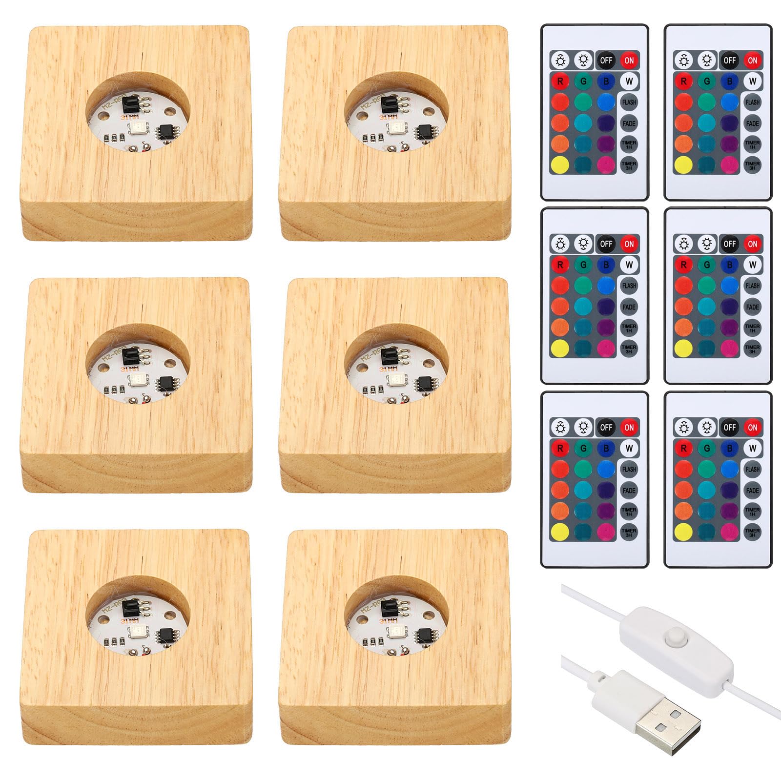 PATIKIL 6 Pcs Wooden Light Stand Base 2.8", 16 Colors LED Lights Display Base 1.5Meter Line Length with Remote Control for Acrylic Night Light 3D Crystal Glass Resin Art, Square