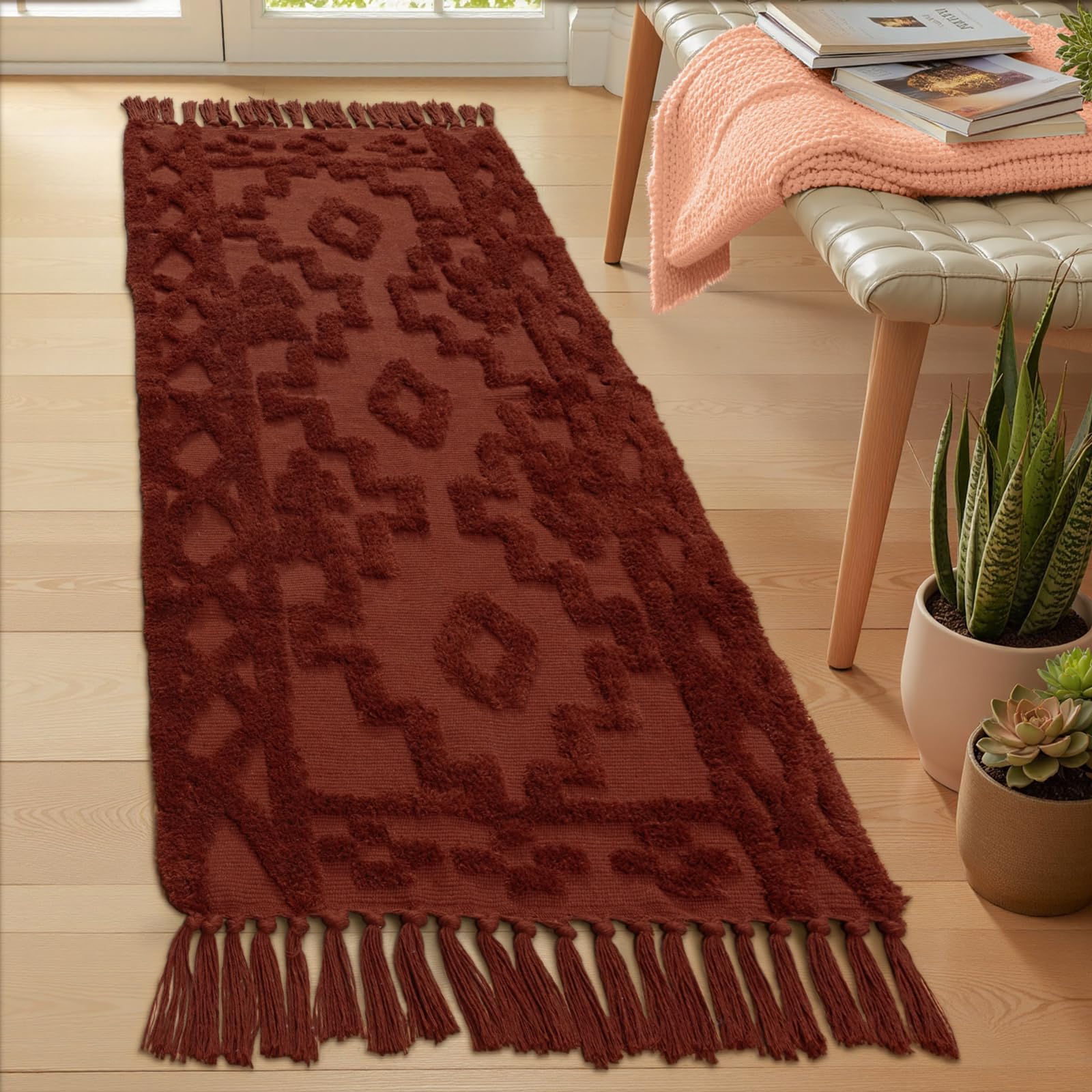 Photo 1 of Uphome Boho Runners for Hallways 2' x 6', Washable Farmhouse Entryway Runner Rug, Cotton Tufted Bedroom Runner Rugs, Bohemian Tribal Throw Aesthetic Rug for Kitchen Doorway Living Room, Terracotta