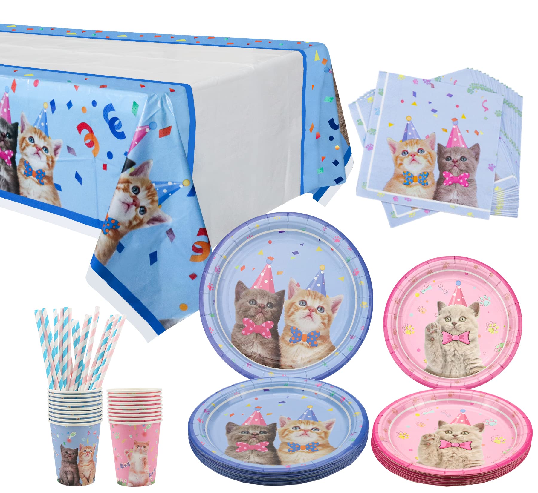 Cat Party Supplies, Kitten Cat Party Decorations Cat Disposable Tableware Including Dinner Plates Dessert Plates Napkins Cups Straw Tablecloth - Serves 20