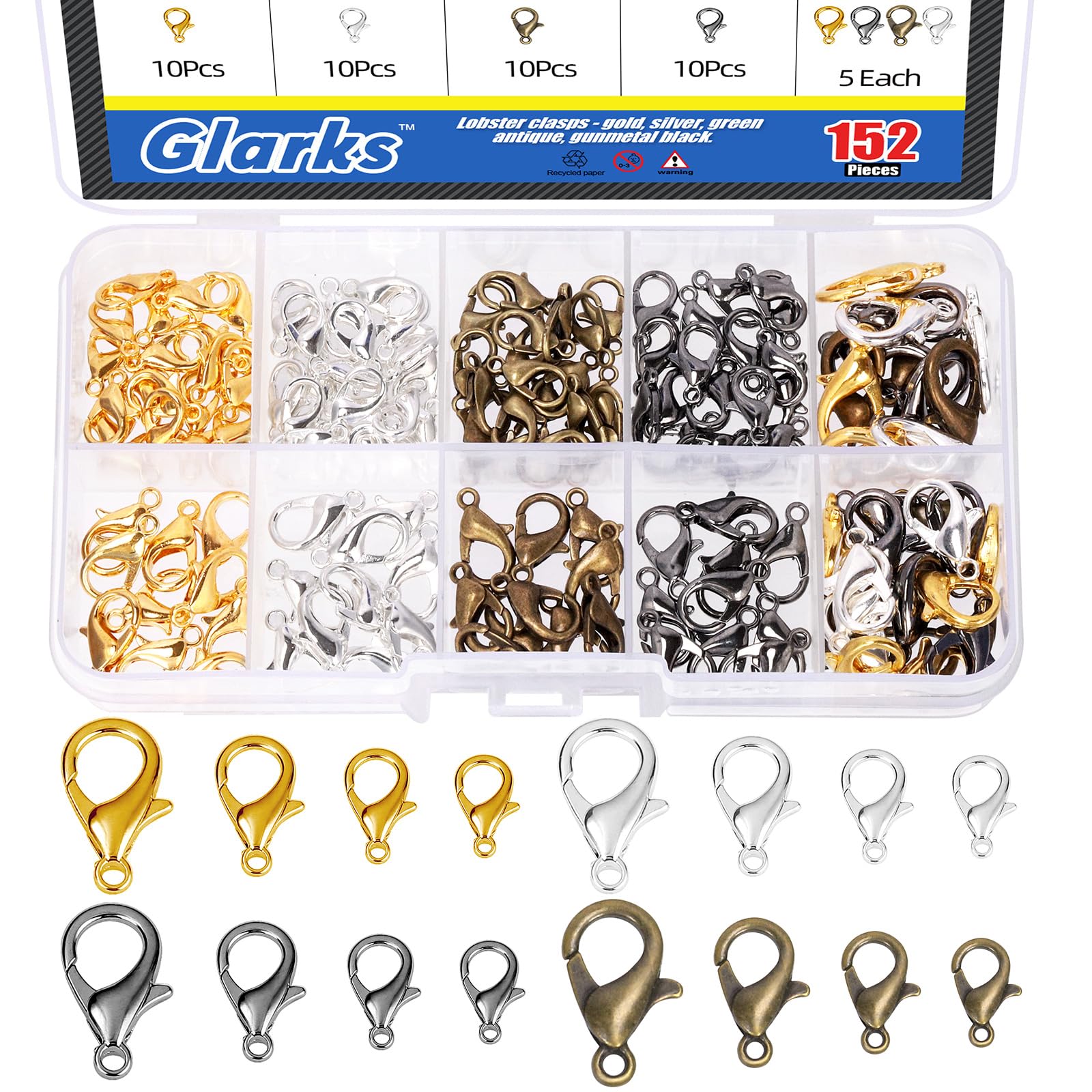 Glarks 152Pcs 12mm 14mm 16mm 18mm Zinc Alloy Lobster Claw Clasps Sliver Gold Bronze Gun-Black DIY Necklace Fastener Hook for Bracelet Necklace Jewelry Making