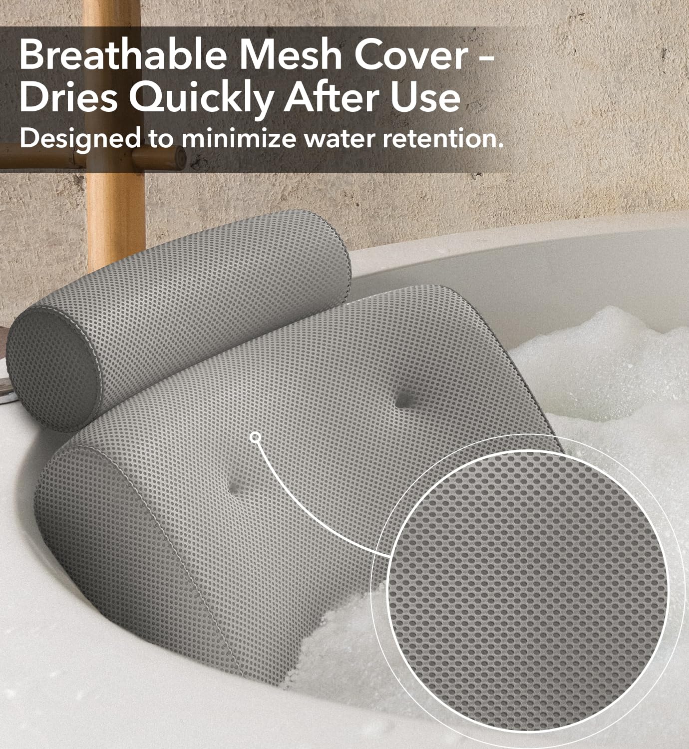 Everlasting Comfort Luxury Bath Pillows for Tub with Head and Neck Support - Non-Slip Bathtub Pillow with Suction Cups, Quick-Drying Mesh & Drying Hook - Jacuzzi & Spa Accessories for Women - Gray