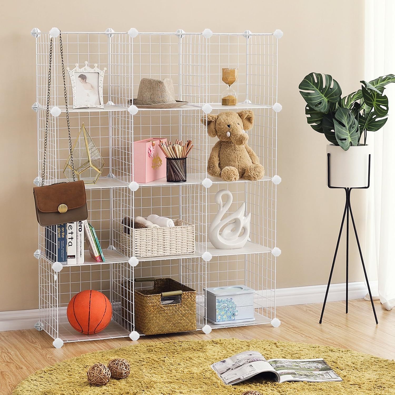 SONGMICS Storage Cabinet, Shelf, Lattice Panels, 4 Levels, 3 Rows, Large Capacity, Free Rubber Mallet - Image 4