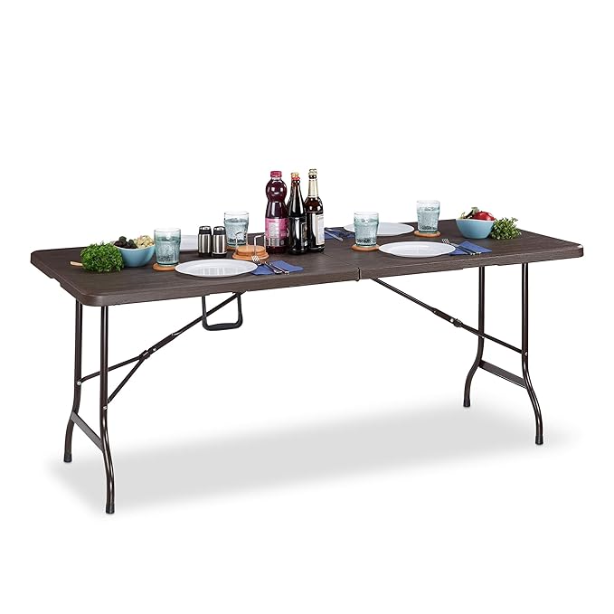 Relaxdays Gartentisch, Holzoptik, eckiger Klapptisch, Sicherheitsriegel, mit Tragegriff, HxBxT: 73 x 180 x 74 cm, braun