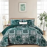 Cottolester Queen Quilt Set 3 Pieces,Emerald Green Patchwork Quilt Set,Boho Farmhouse Bedspread Soft Microfiber Bedding Set 96"x90"