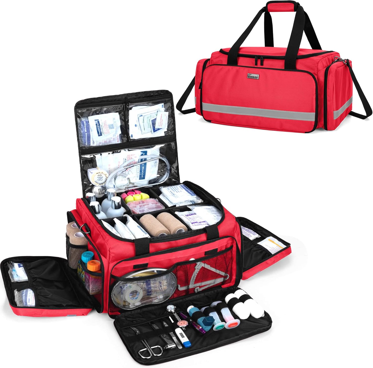 Trunab First Responder Bag Empty, Professional Medical Supplies Bag First Aid Kits Bag with Inner Dividers for Home Health Nurse, Community Care, EMT, EMS, Bag Only, Red - Patented Design: Health & Personal Care
