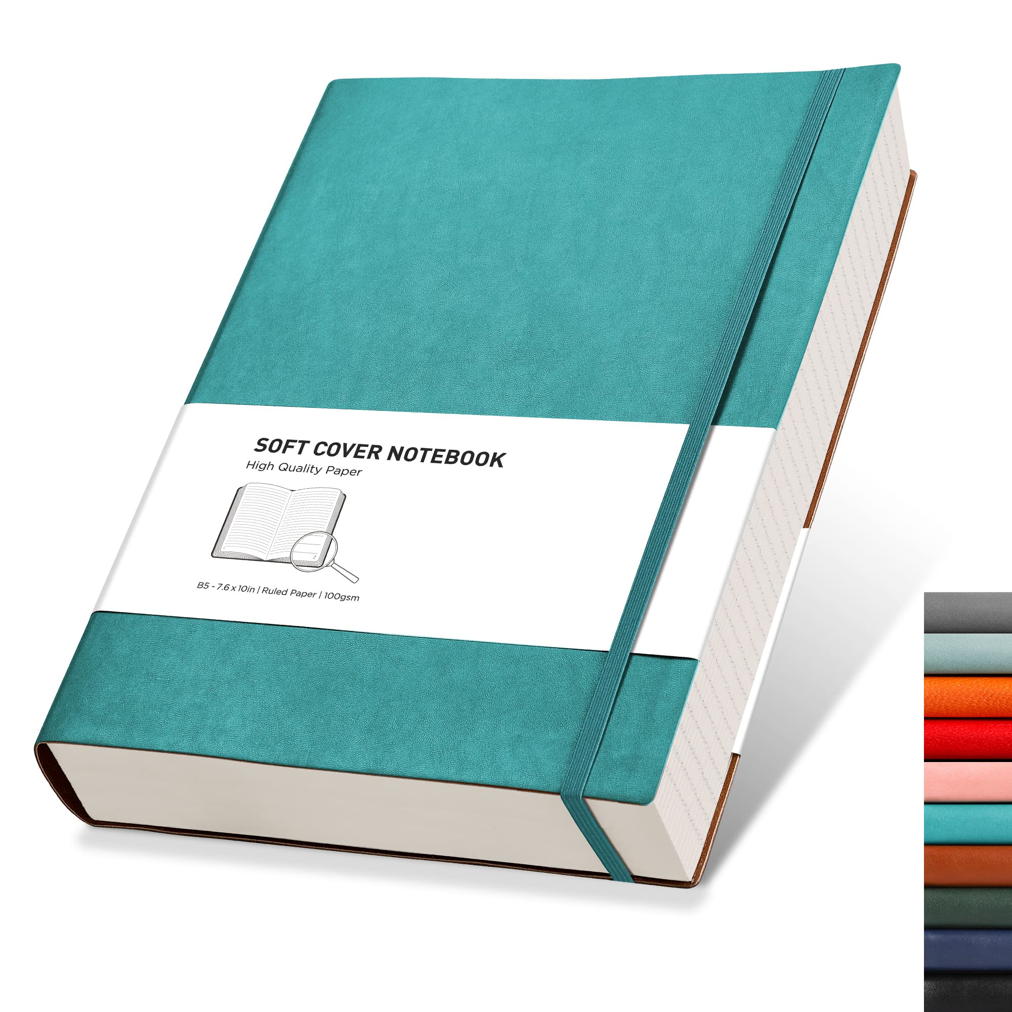 RETTACY College Ruled Notebook - 320 Numbered Pages Large B5 Lined Journal Notebook, 100gsm Thick Lined Paper, Faux Leather Softcover, for Women Men Work School, 19 x 25 cm-Cyan