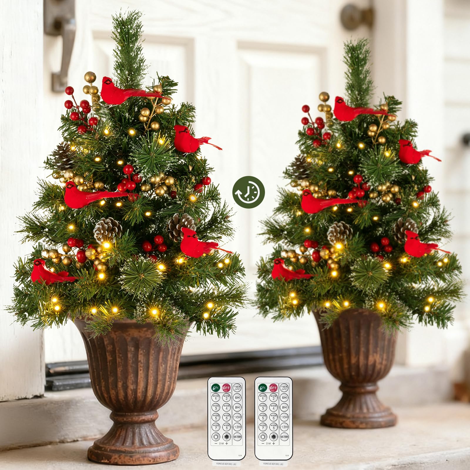Photo 1 of BLOSMON Outdoor Christmas Tree for Porch: 2 Sets 24 Inch Timer Prelit Planter Bushes with 10 Red Cardinals - Remote 60 Lights 8 Modes - Small Pot Urn Filler for Front Door Pathway Yard Decor