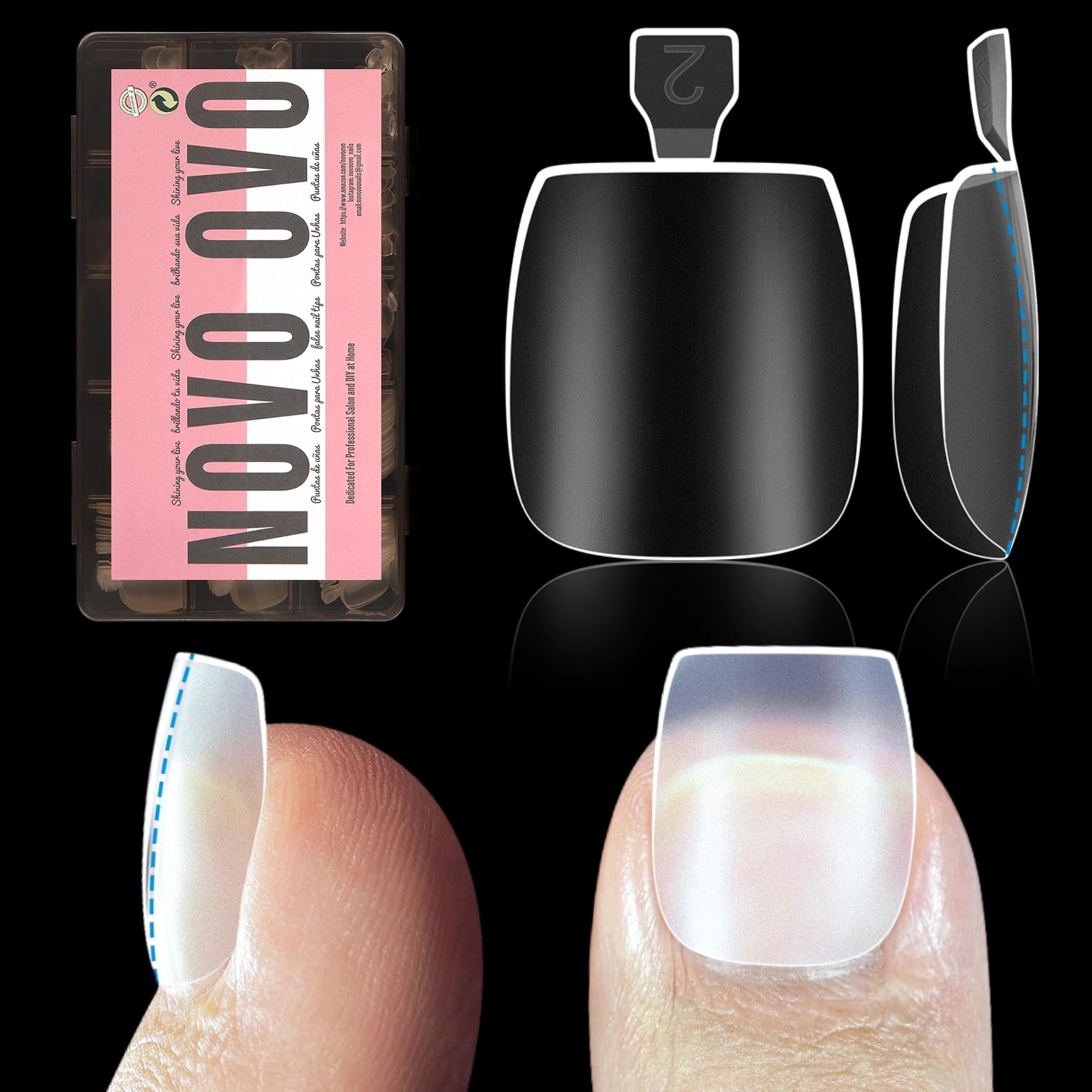 NOVO OVO Tapered Square Press on Toe Nail Tips Extra Thick, Strong Thicker Soft Gel False Toenail Extension, Clear Pre-applied Tip Primer & Base Coat, Full Cover Acrylic DIY x 15 Sizes 240 pcs — image 1