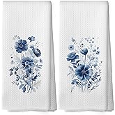 shiviody Blue Flower Kitchen Towels - Vintage Floral Dish Towels, Cottagecore Rustic Floral Decorative Absorbent Dishcloths Hand Towels Set of 2 for Kitchen Bathroom Decor 16x24 Inches