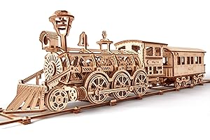 Wood Trick Wooden Toy Train Set with Railway - 34x7″ - Locomotive Train Toy Mechanical Model Kit - 3D Wooden Puzzles for Adults and Kids to Build - Engineering DIY Wooden Models for Adults to Build