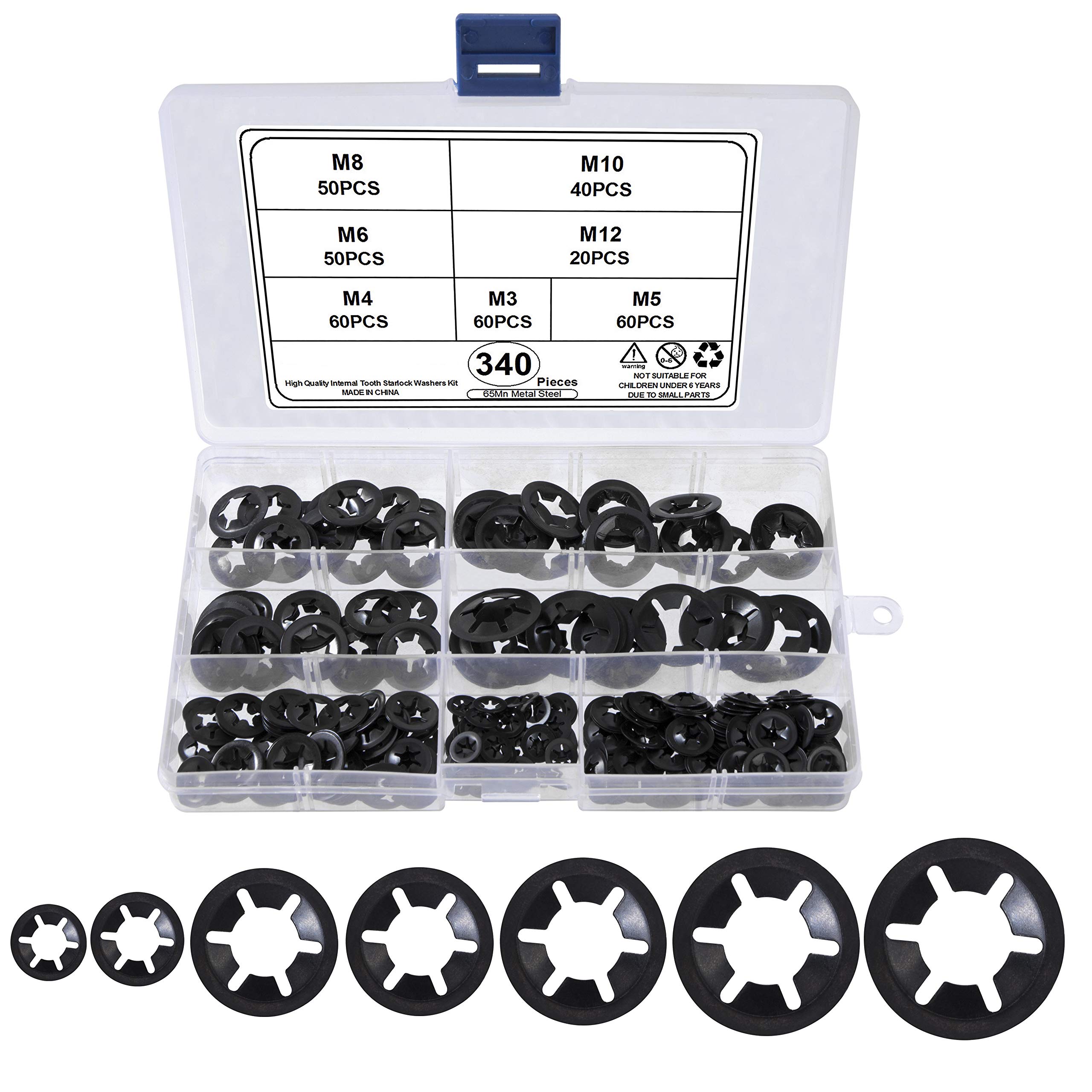 QIMEI-SHOP Starlock Washers Internal Tooth Lock Washer M3 M4 M5 M6 M8 M10 M12 Push On Speed Clips Fasteners Assortment Kit with Storage Box Black 340Pcs