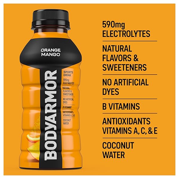 BODYARMOR SPORTS DRINK SPORTS BEVERAGE, ORANGE MANGO, COCONUT WATER HYDRATION, NATURAL FLAVORS WITH VITAMINS, POTASSIUM-PACKED ELECTROLYTES, PERFECT FOR ATHLETES, 12 FL OZ (PACK OF 8)