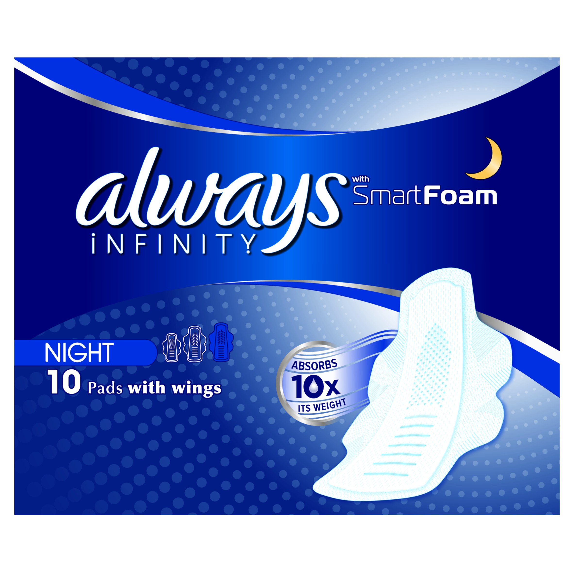 Always Infinity Night Sanitary Towels Wings 10 Pads Revolutionary Technology, Always Comfort and Protection, Size 3