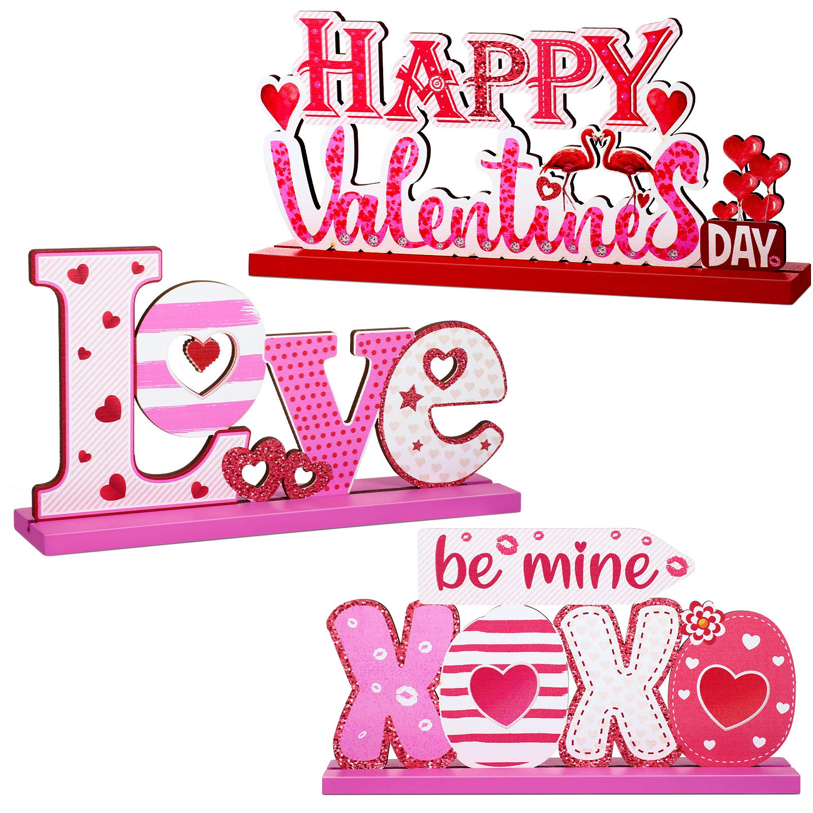 Sumind 3 Pcs Valentine's Day Wooden Sign Table Decoration Be Mine Sign Happy Valentine Tabletop Centerpiece Flamingo Party Decor for Valentine's Day Presents Wood Love Heart Decoration