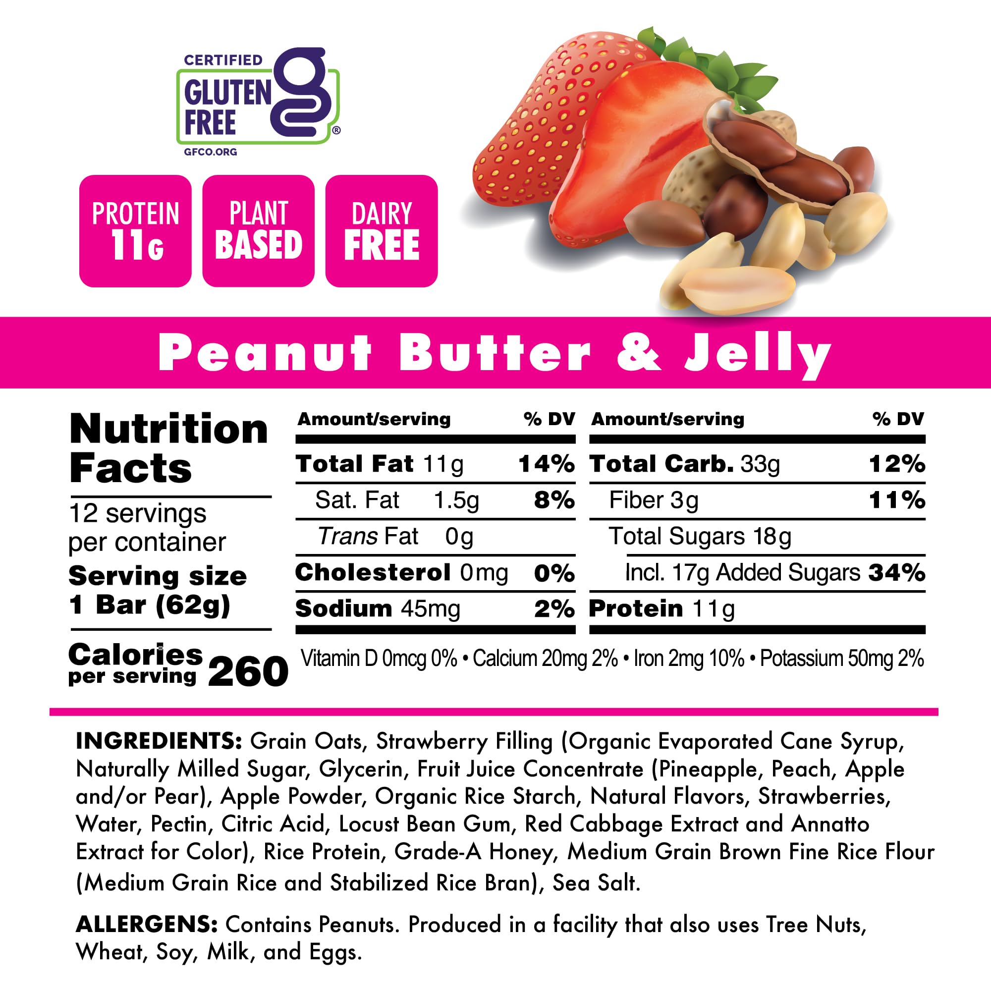 Bonk Breaker Plant Based Protein Bars, Gluten Free, Dairy Free, 13g Protein, Peanut Butter and Jelly Flavor, 62g Bar (12 Pack)