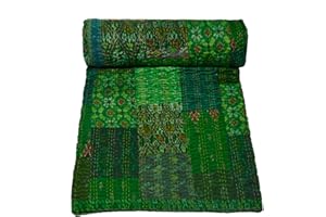 Marubhumi Indian Handmade Quilt Indian Silk Sari Kantha Quilted Patchwork (Green, Twin (60"x 90"))