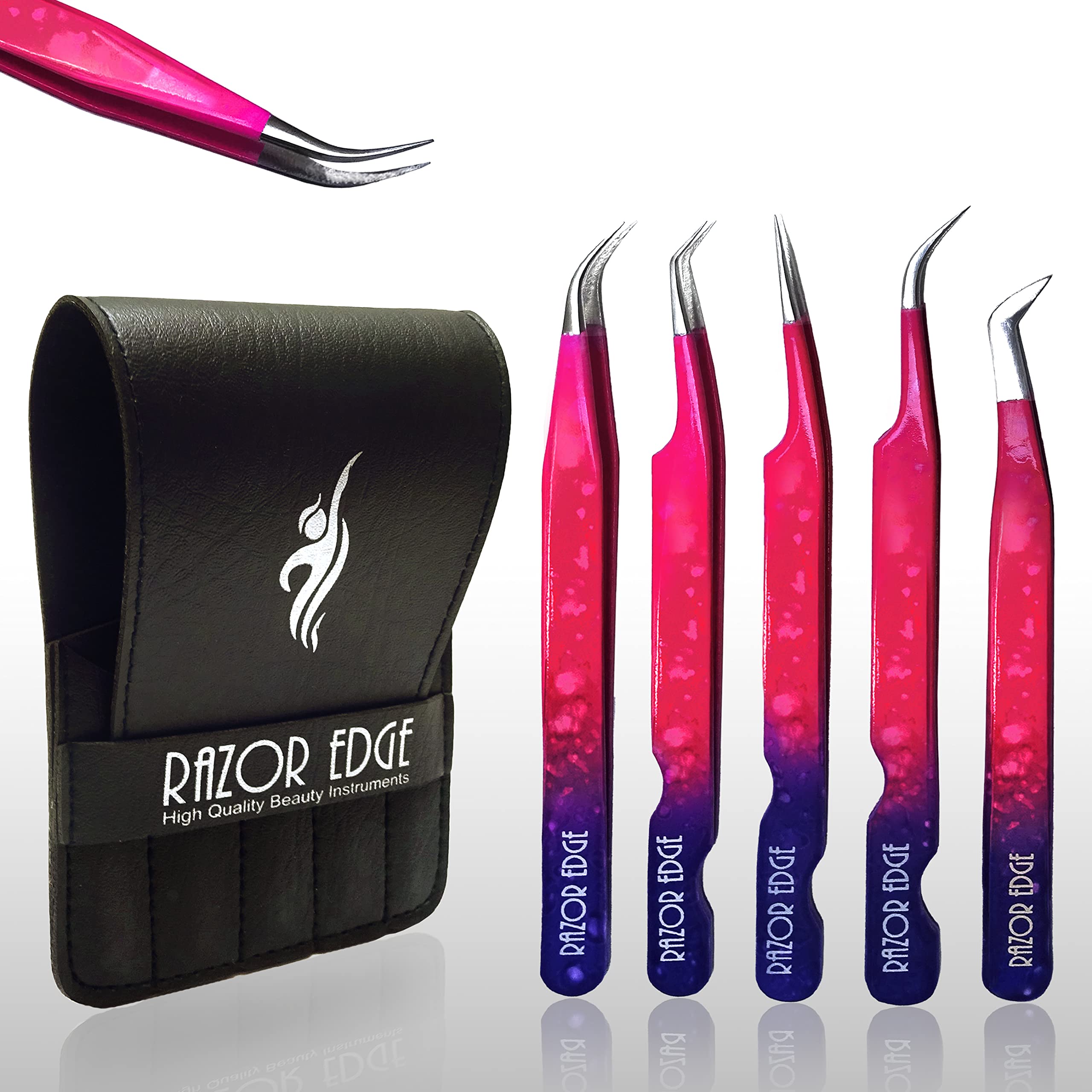 Eyelash Extension Tweezers - Razor Edge Professional Stainless Steel Angled Curved Pointy Precision tweezer Set for Single lash, 3D-6D Volume Lashes, Hair Removal (5 Pcs) with case