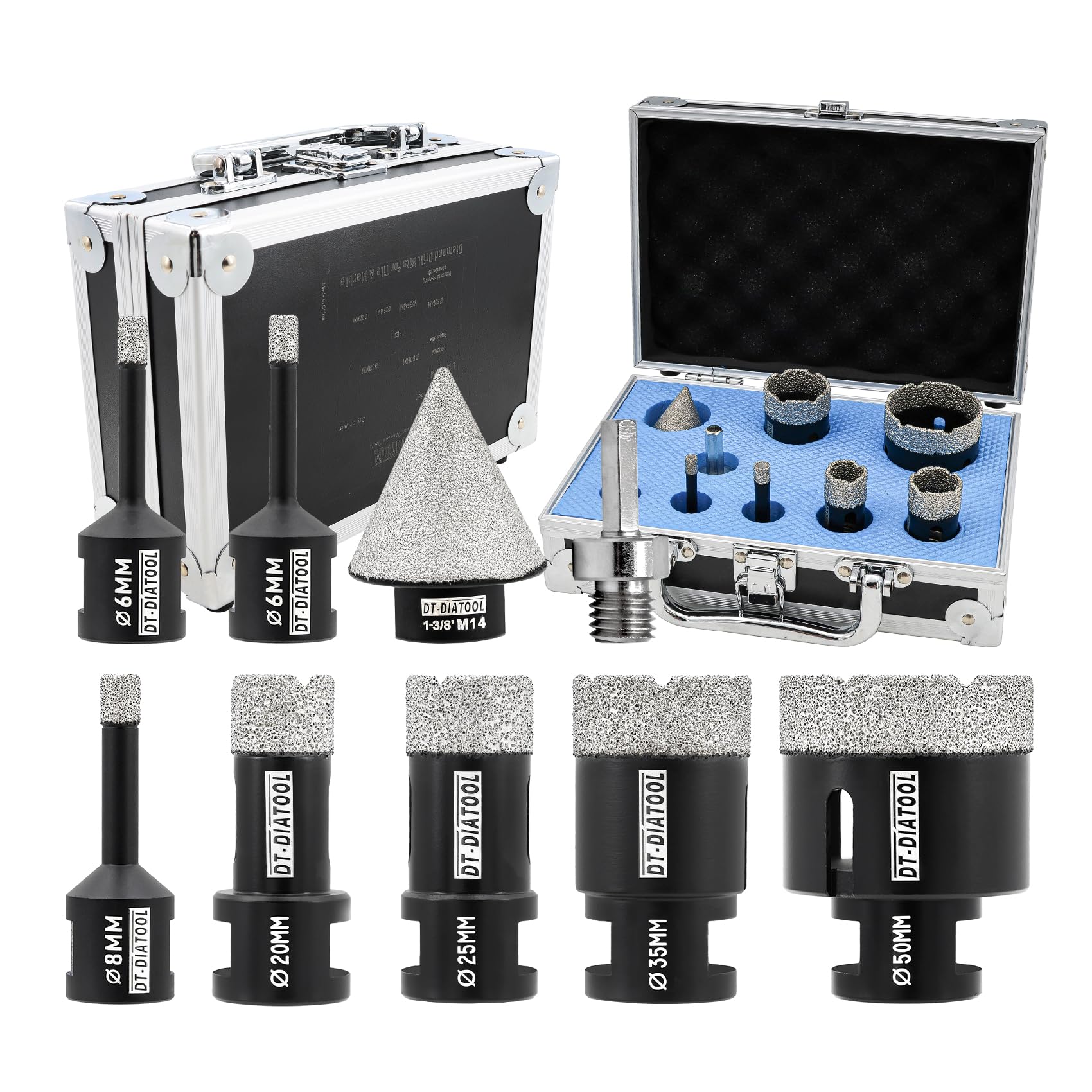 Diamond Core Drill Bits Set 9-Pack - DT-DIATOOL 6/6/8/20/25/35/50mm Tile Drill Bits+35mm Diamond Chamfer Bit+Hex Adapter for Porcelain Tile Ceramic Marble Granite