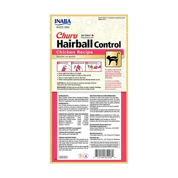 INABA CHURU HAIRBALL CONTROL, FUNCTIONAL, CREAMY LICKABLE PURÉE CAT TREAT WITH TAURINE & VITAMIN E, 0.5 OUNCES EACH, 24 TUBES (4 PER PACK), CHICKEN RECIPE