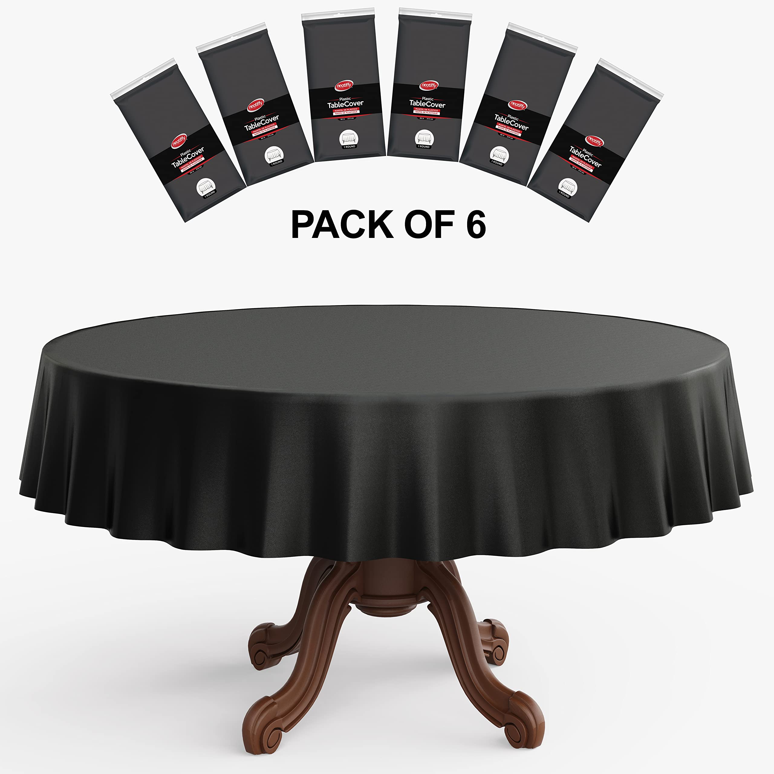 Neatiffy 84 Inch 6 Pack Round Plastic Table Cloth | Tablecloths for Picnic, Party, Banquet, Birthdays | Waterproof Disposable/Reusable Table Cover - Black Round — image 1