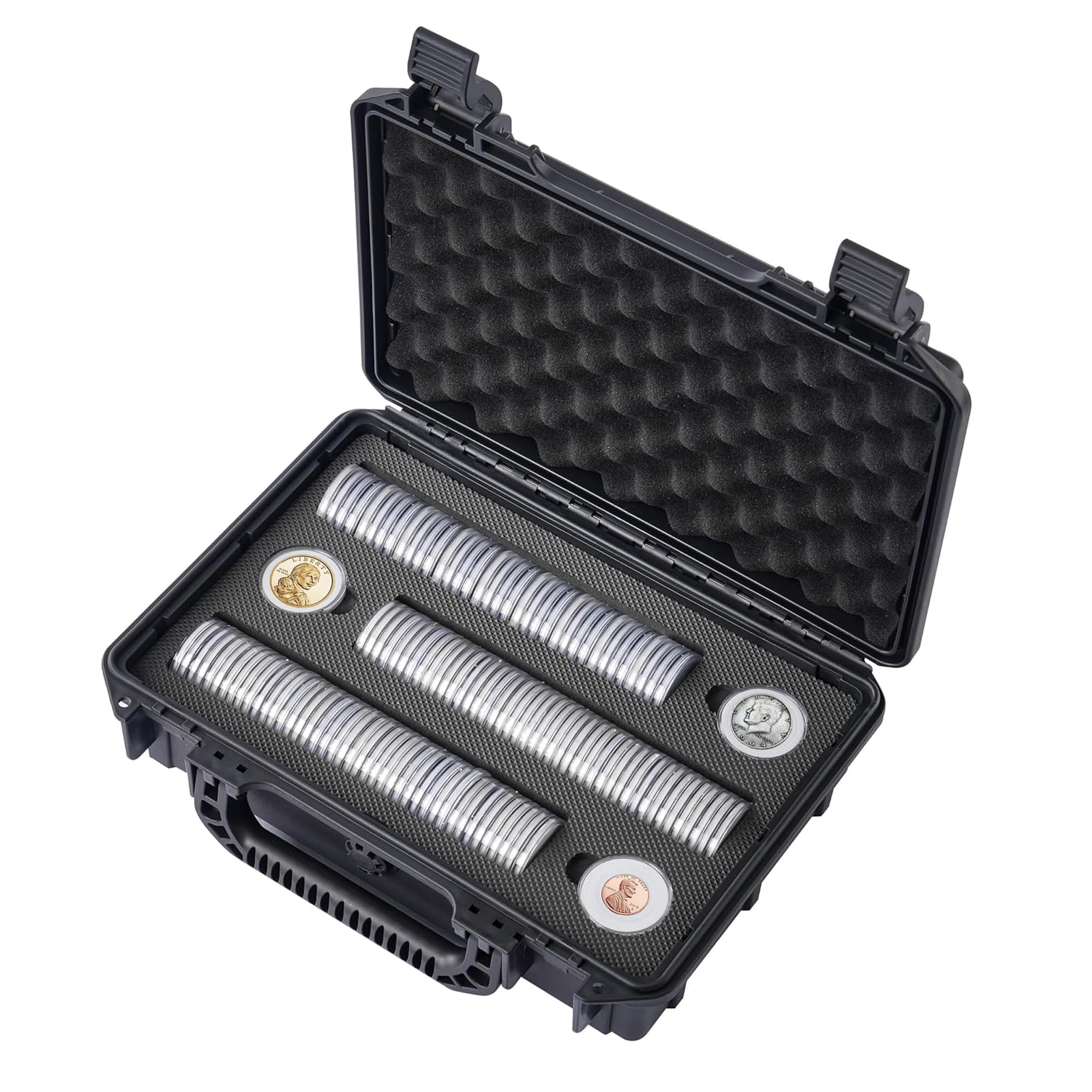 Photo 1 of BOMIIPOR Premium Coin Storage Box with 100+ Clear Plastic Coin Capsules, Holder of 6 Size with Adjustable Gasket for Collectors