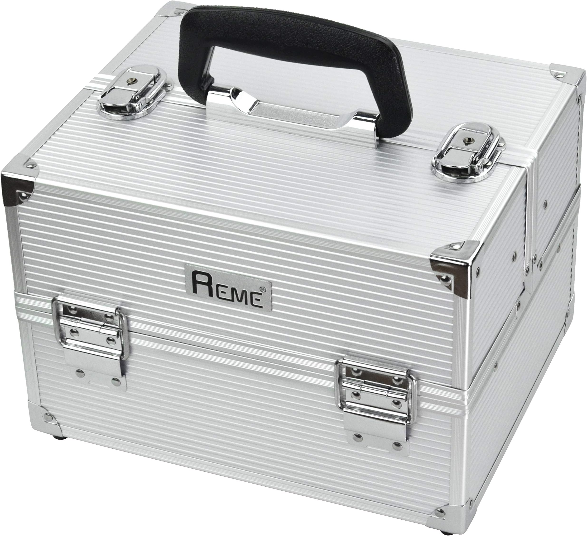 Makeup Train Case Cosmetic Organizer Case with Plastic Trays, Silver Stripe ABS Surface,Classic Type