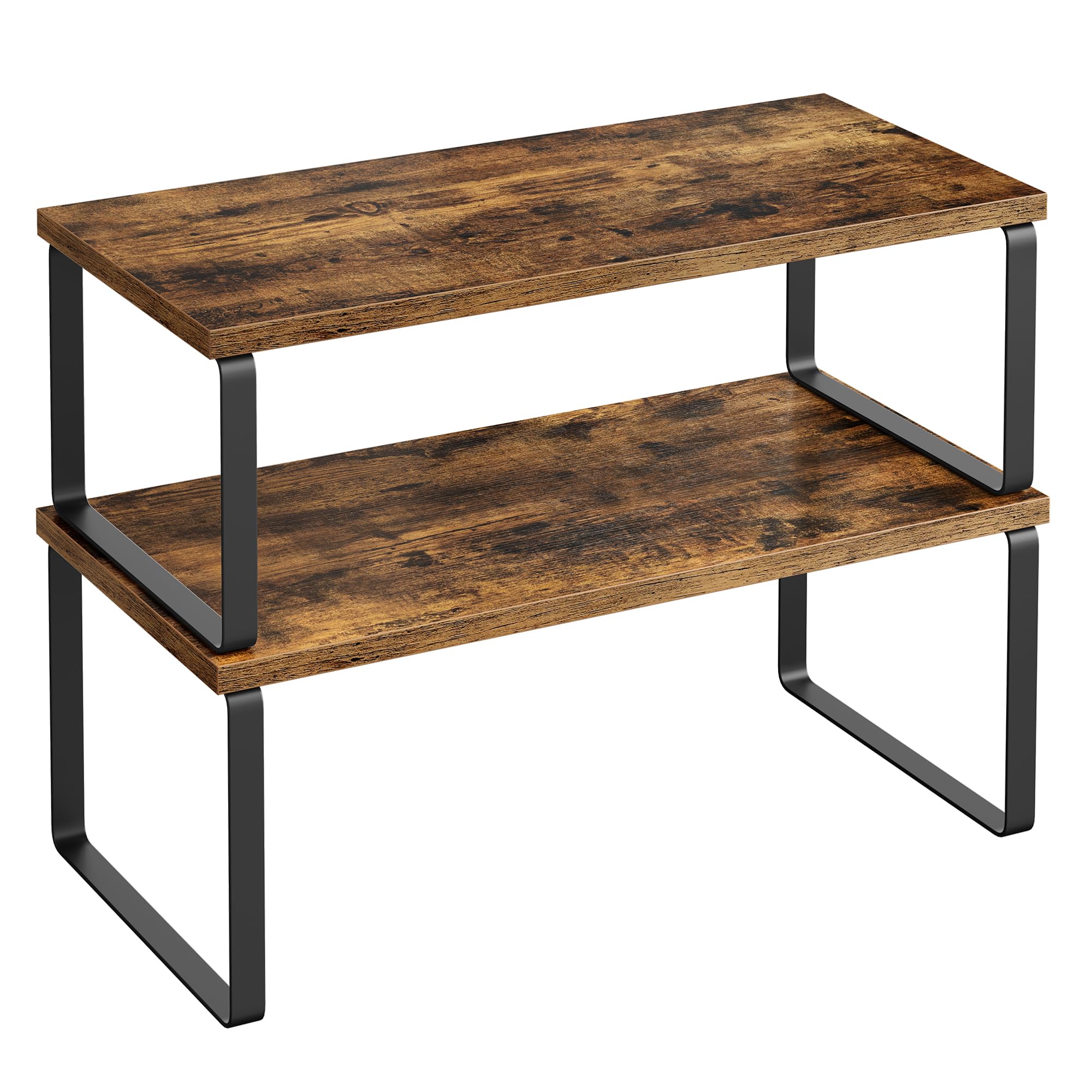 SONGMICS Cabinet Organizer Shelf, Set of 2 Kitchen Counter Shelves, Kitchen Storage, Spice Rack, Stackable, Expandable, Metal and Engineered Wood, Ink Black and Rustic Brown UKCS200X01 Image