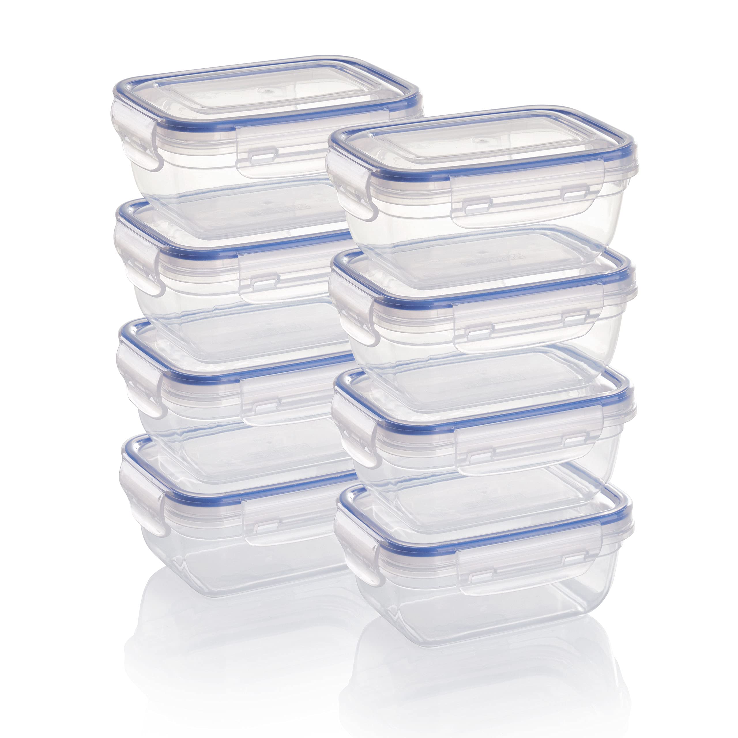 Grizzly plastic food storage containers set, 8x storage containers with lids, rectangular, stackable, break-proof, microwave and dishwasher safe