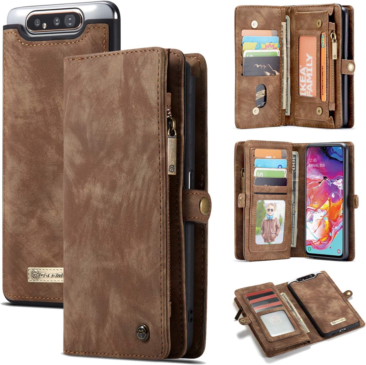 Galaxy A80 Wallet Case,AKHVRS Handmade Premium Cowhide Leather Wallet Case,Zipper Wallet Case [Magnetic Closure] Detachable Magnetic Case & Card Slots for Samsung Galaxy A80 - Brown