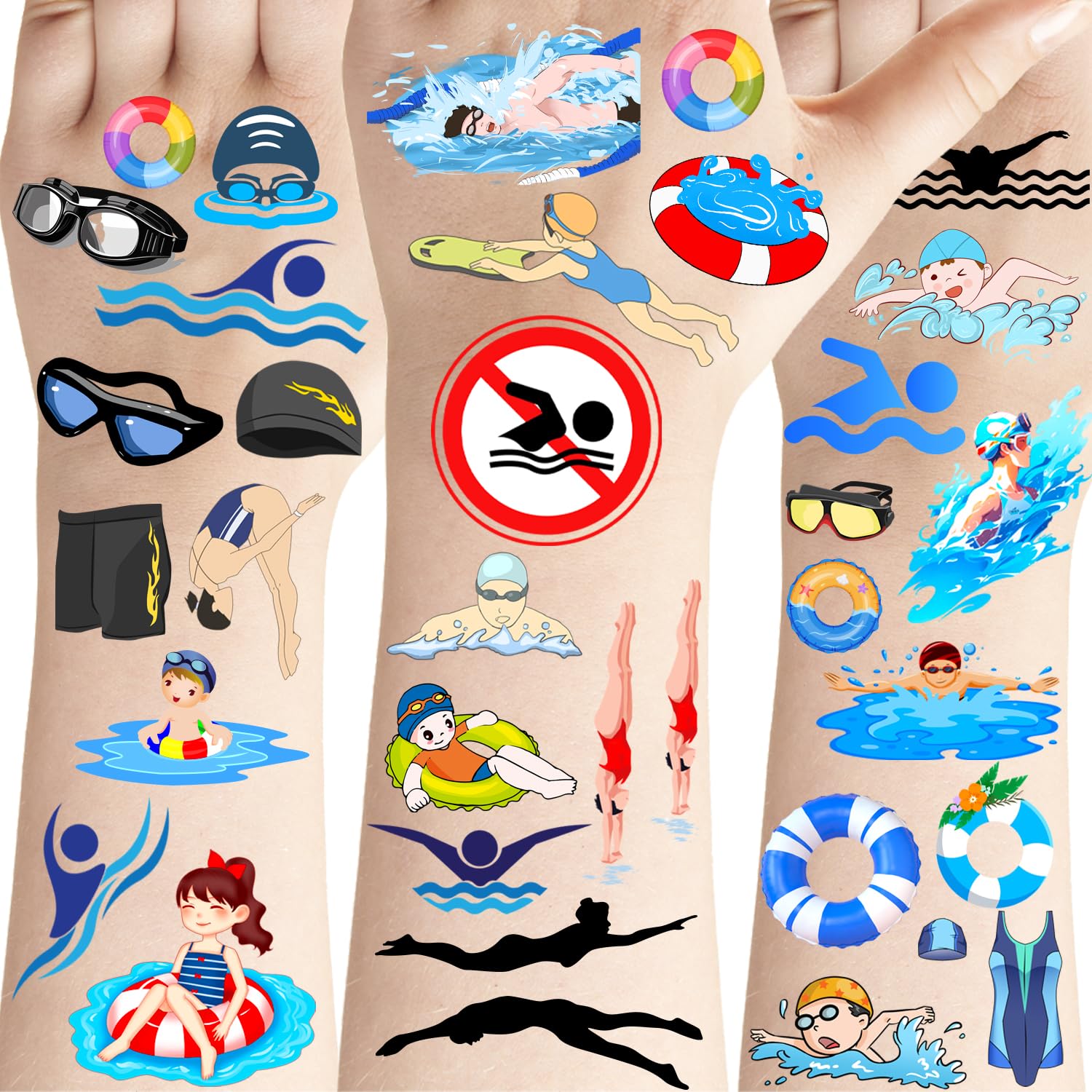 Photo 1 of PIBIPAID 360 Swimming Tattoos Temporary Stickers -Swimming Party Supplies Decorations Swimming Action Sport Themed Birthday Baby Shower Party Sticker