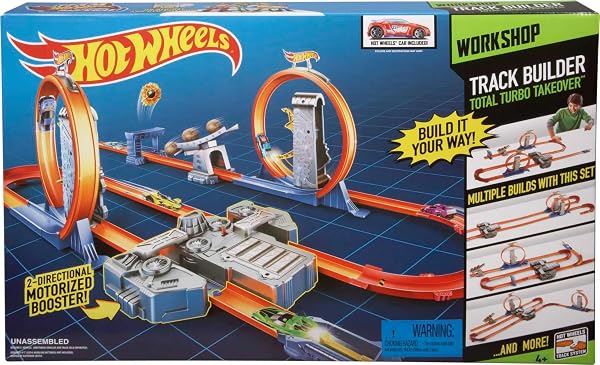 HOT WHEELS TOY CAR TRACK SET, TRACK BUILDER PLAYSET TOTAL TURBO TAKEOVER WITH 1:64 SCALE VEHICLE, MOTORIZED BOOSTER & MULTIPLE CONFIGURATIONS