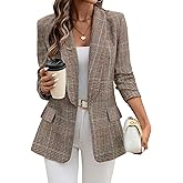 ELLEVEN Women's Shawl Collar Plaid Boyfriend Blazer,Business Casual Open Front Houndstooth Work Office Suit Jackets