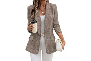 ELLEVEN Women's Shawl Collar Plaid Boyfriend Blazer，Business Casual Open Front Houndstooth Work Office Suit Jackets
