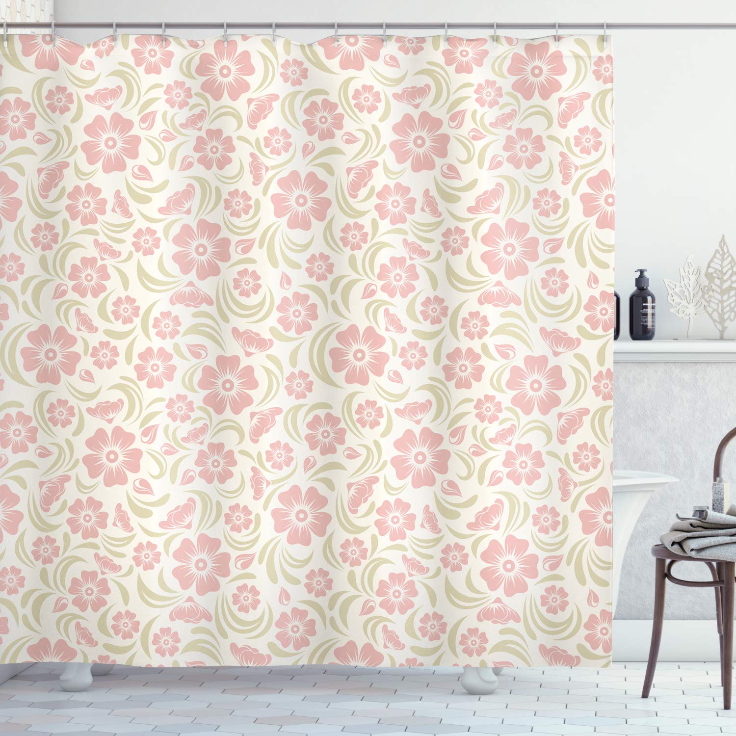 ABAKUHAUS Flower Shower Curtain, Vintage Old Fashioned Floral Pattern Silhouettes Briar Shrubs Roses Retro, Cloth Fabric Bathroom Decor Set with Hooks, 94 Inches, Rose Pale Green White