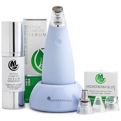 Microderm GLO MINI Premium Skincare Bundle - Includes Diamond Microdermabrasion System, 8mm Filters 30 pack, Peptide Complex Serum. Best Anti Aging Treatment Blackhead Remover and Pore Vacuum Kit