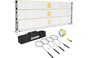 Patiassy Volleyball Badminton Pickleball 3-in-1 Combo Net Set for Backyards, 5.1-7.4ft Adjustable Height Freestanding Indoor Sports Nets, Portable 17ft Outdoor Net with Carry Bag, Rackets and Balls