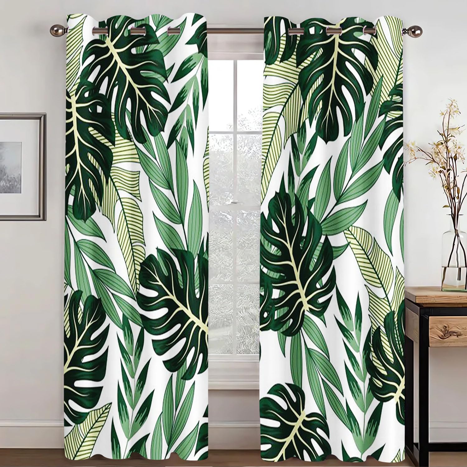 KARPIX Opaque Tropical Plants Palm Leaves Monstera Blackout Curtain Natural Theme Window Curtain with Eyelets for Children's Room (3.220 x 215 cm (2 x 110 x 215 cm))