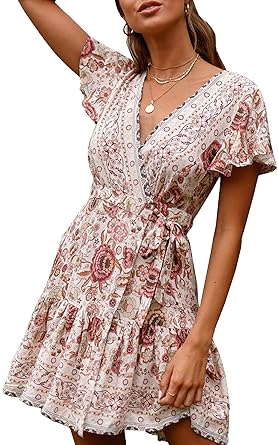 ECOWISH Damen Kleider Boho Vintage Sommerkleid V-Ausschnitt A-Linie Minikleid Swing Strandkleid mit Gürtel