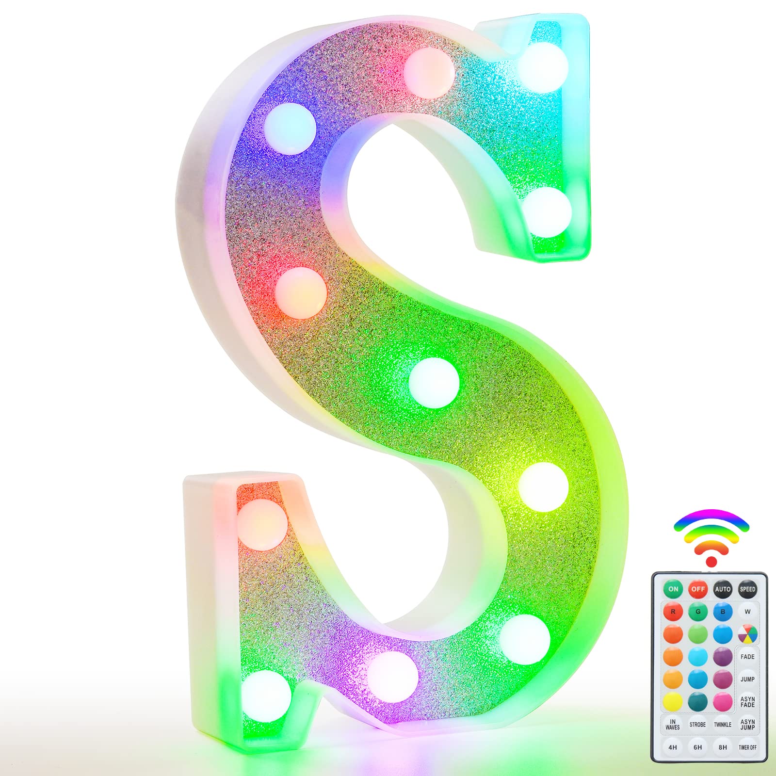 Colorful Light Up Letters, Glitter LED Letter Lights 18 Color Changing Shiny Alphabet Sign Gifts for Girls Women Party Birthday Decorations Remote Night Light Christmas Valentine Wall Table Decor - S