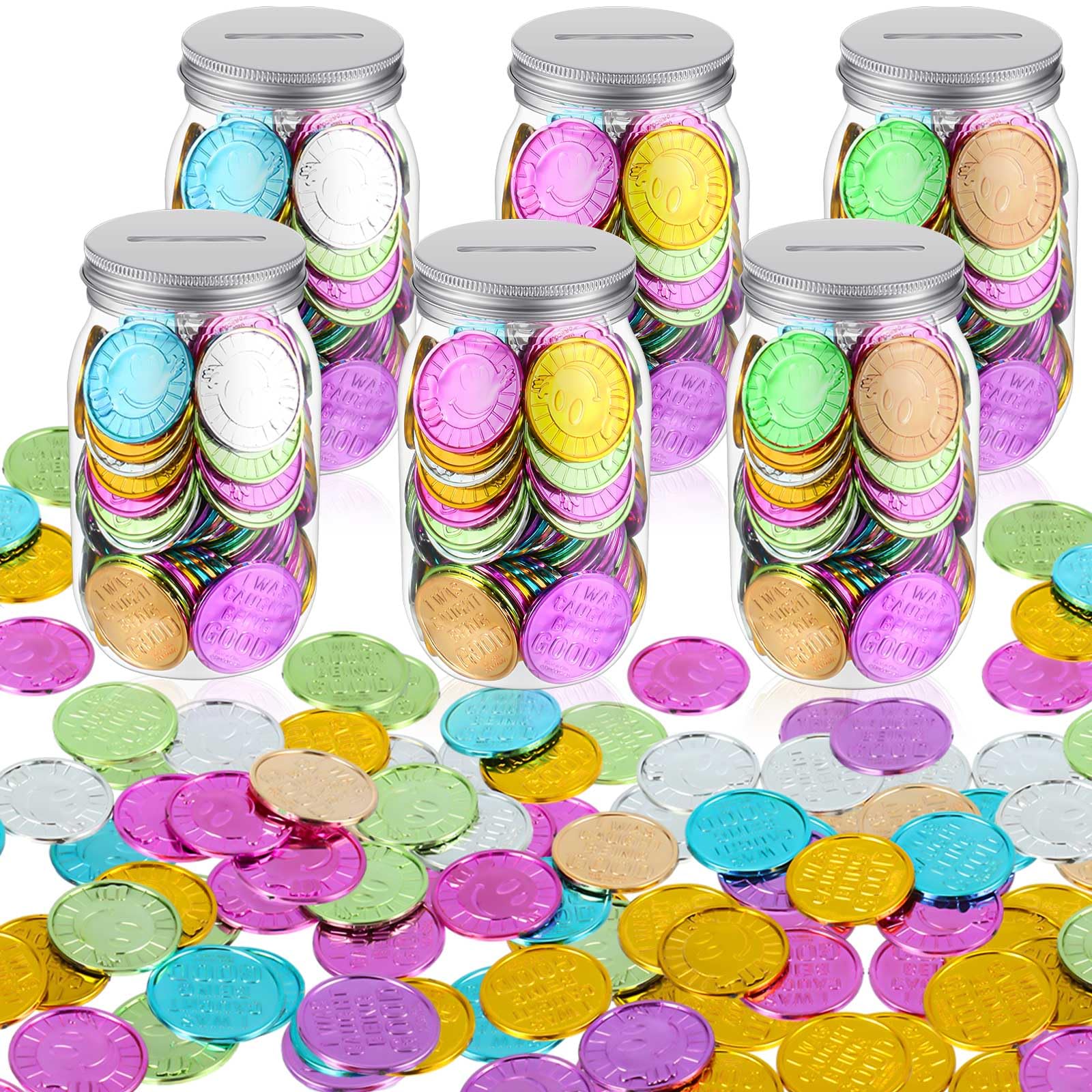 Photo 1 of Roowest 306 Pieces Reward Jars for Kids Coin Jar Tokens for Kids Behavior 6 Classroom Reward Jar Plastic Coin Jar 300 Behavior Tokens for Classroom School Teacher Teaching Supplies(16 Oz)