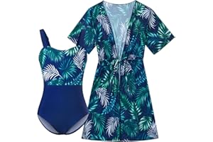 Funnycokid Girl One Piece Swimsuit with Cover Up Bathing Suit Swim Set Kids 6-12 Years