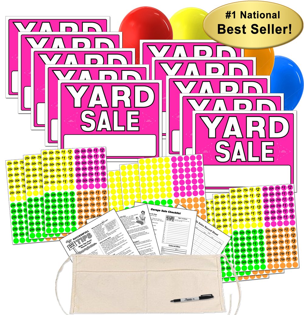 Yard Sale Sign Kit with Pricing Stickers and Change Apron